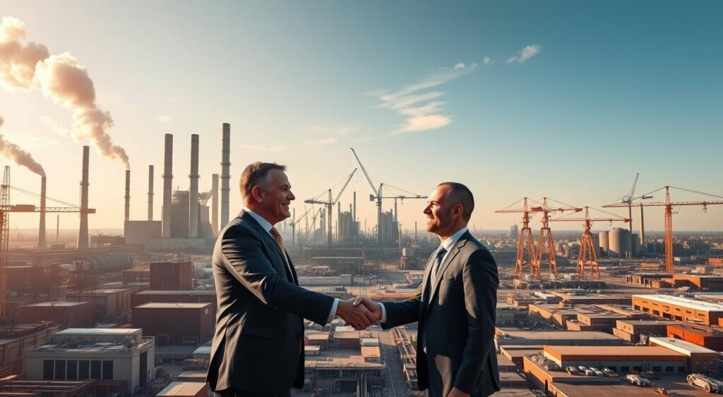 A bustling industrial landscape, with towering factory buildings, billowing smokestacks, and cranes swinging overhead. In the foreground, two business executives shake hands, sealing a partnership deal. The scene is bathed in warm, golden light, conveying a sense of progress and collaboration. In the background, smaller workshops and warehouses dot the horizon, hinting at the thriving network of producers and co-producers powering the industry. The image captures the dynamic synergy and shared success at the heart of these strategic production partnerships.
