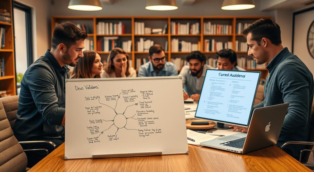 A bustling office setting, with a group of professionals gathered around a conference table, deeply engaged in discussion. The lighting is warm and inviting, casting a soft glow on their faces as they pore over documents and sketches. In the foreground, a whiteboard stands prominently, showcasing a mind map of ideas and potential course topics. The middle ground features a laptop, open to a presentation slide, highlighting key demographics and audience insights. In the background, shelves filled with books and reference materials create a sense of intellectual depth. The overall atmosphere conveys a collaborative and analytical approach to validating the course idea, reflecting the section's focus on defining the target audience. A bustling office setting, with a group of professionals gathered around a conference table, deeply engaged in discussion. The lighting is warm and inviting, casting a soft glow on their faces as they pore over documents and sketches. In the foreground, a whiteboard stands prominently, showcasing a mind map of ideas and potential course topics. The middle ground features a laptop, open to a presentation slide, highlighting key demographics and audience insights. In the background, shelves filled with books and reference materials create a sense of intellectual depth. The overall atmosphere conveys a collaborative and analytical approach to validating the course idea, reflecting the section's focus on defining the target audience.