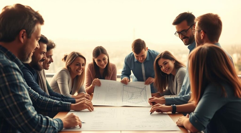 A collaborative project taking shape, with diverse stakeholders united in a shared vision. In the foreground, a group of people brainstorming around a table, their faces filled with focused determination. The middle ground showcases a blueprint or schematic, representing the strategic planning at the heart of the endeavor. In the background, a cityscape or landscape symbolizes the broader context and potential impact of the co-production project. Warm, diffused lighting casts a sense of optimism, while a slightly elevated camera angle conveys a sense of progress and collective achievement. The overall mood is one of meaningful partnership, innovation, and the power of collaboration to shape a better future.