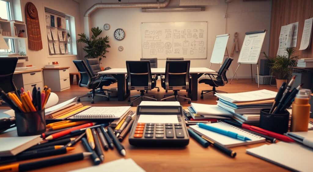 A collaborative workspace filled with a variety of tools and resources. In the foreground, an array of negotiation-focused implements such as pens, notepads, and a calculator, conveying a sense of thoughtful decision-making. The middle ground features a large conference table surrounded by ergonomic chairs, suggesting a space for productive discussions. In the background, a large whiteboard showcases diagrams and notes, hinting at the collaborative nature of the process. The lighting is warm and inviting, creating a professional yet comfortable atmosphere. The overall scene reflects a carefully curated environment designed to facilitate effective negotiations and collaborative agreements.