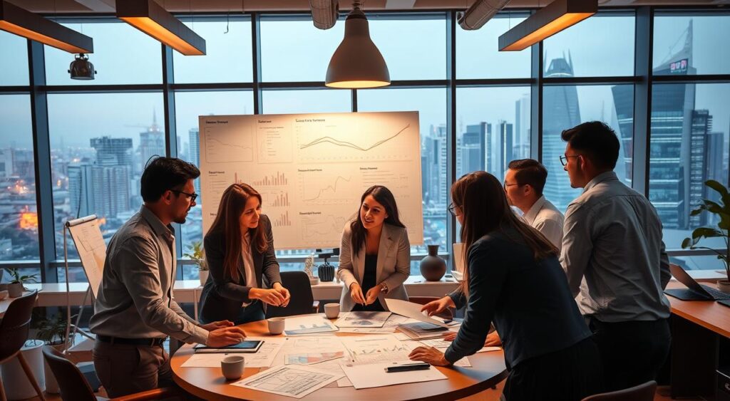 A collaborative workspace filled with professionals discussing project plans. A round table in the foreground, with team members leaning in, gesturing animatedly. Warm lighting from overhead fixtures casts a cozy glow, enhancing the sense of cooperation. In the middle ground, whiteboards and digital displays show charts, diagrams, and timelines, indicative of the project's progress. The background features large windows overlooking a bustling city skyline, symbolizing the global nature of the co-production endeavor. An atmosphere of focused yet relaxed productivity pervades the scene, capturing the essence of "Promovendo a comunicação entre parceiros".