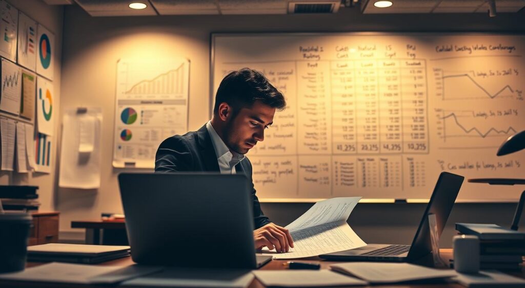 A dimly lit office space, the walls adorned with charts and financial documents. In the foreground, a desk with a laptop and various office supplies, creating a sense of a professional, analytical environment. The middle ground features a businessperson, deep in thought, meticulously calculating costs and profits on a spreadsheet. Soft, warm lighting casts a contemplative glow, emphasizing the focus and attention to detail. In the background, a large whiteboard showcases complex formulas and financial projections, hinting at the intricate nature of the costing and profit calculations. The scene conveys a sense of strategic planning and careful financial management, befitting the subject of "Calcular custos e lucros em uma coprodução". A dimly lit office space, the walls adorned with charts and financial documents. In the foreground, a desk with a laptop and various office supplies, creating a sense of a professional, analytical environment. The middle ground features a businessperson, deep in thought, meticulously calculating costs and profits on a spreadsheet. Soft, warm lighting casts a contemplative glow, emphasizing the focus and attention to detail. In the background, a large whiteboard showcases complex formulas and financial projections, hinting at the intricate nature of the costing and profit calculations. The scene conveys a sense of strategic planning and careful financial management, befitting the subject of "Calcular custos e lucros em uma coprodução".