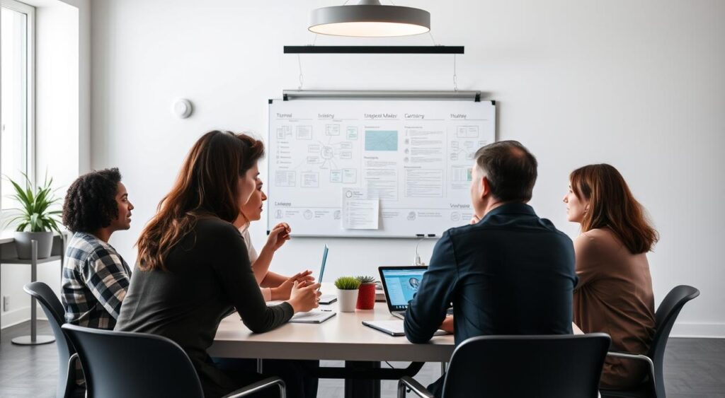 A diverse team of professionals seated around a table, collaborating on digital course development. In the foreground, a group of individuals with complementary skillsets - a project manager, an instructional designer, a subject matter expert, and a multimedia artist - engaged in animated discussion. Subtle lighting from above casts a warm, focused glow, emphasizing the synergy of their interaction. In the middle ground, a large whiteboard displays mind maps, storyboards, and wireframes, reflecting the creative process. The background features a minimalist office setting, hinting at the digital nature of their work. An atmosphere of focus, creativity, and camaraderie pervades the scene, capturing the benefits of assembling a well-rounded team to co-produce engaging online courses.