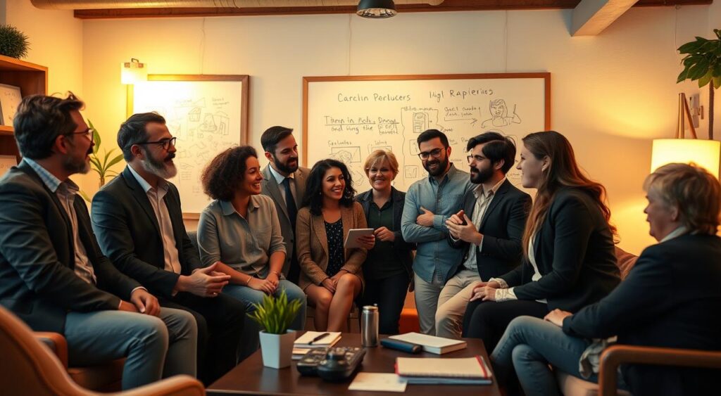 A group of diverse film producers engaged in an animated discussion, their expressions conveying a sense of collaboration and camaraderie. The scene is set in a cozy, well-lit office space, with wooden furniture and warm lighting creating an inviting atmosphere. The producers are dressed in a mix of formal and casual attire, reflecting the professional yet relaxed nature of their partnership. In the background, a large whiteboard displays sketches and notes, hinting at the creative brainstorming taking place. The overall mood is one of productive cooperation, as the producers work together to bring their cinematic visions to life.