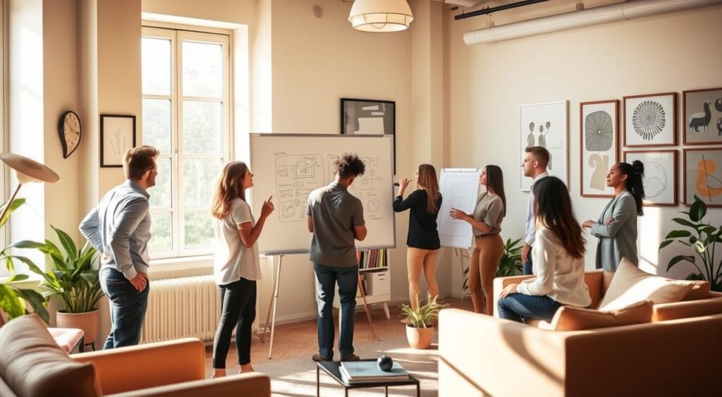 A group of diverse producers collaborating in a cozy office setting, brainstorming ideas and sketching on a large whiteboard. Warm, natural lighting filters through the large windows, casting a serene ambiance. The producers, dressed in professional attire, engage in animated discussions, showcasing their creativity and expertise. The room is filled with modern, minimalist furniture, and the walls are adorned with inspirational art pieces. An atmosphere of camaraderie and innovation permeates the space, reflecting the process of finding the right producers for a successful co-production venture.