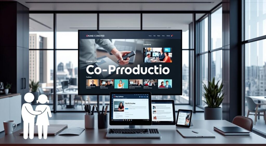 A modern, sleek co-production workspace with a large flat-screen display showcasing online course content. The foreground features a stylized collaboration between two people, symbolizing the co-production partnership. The middle ground has neatly organized office supplies, a laptop, and a tablet displaying course materials. The background has a minimalist, light-filled interior design with large windows overlooking a cityscape, conveying a sense of productivity and opportunity. The scene is illuminated by a combination of natural and artificial lighting, creating a professional and visually appealing atmosphere. A modern, sleek co-production workspace with a large flat-screen display showcasing online course content. The foreground features a stylized collaboration between two people, symbolizing the co-production partnership. The middle ground has neatly organized office supplies, a laptop, and a tablet displaying course materials. The background has a minimalist, light-filled interior design with large windows overlooking a cityscape, conveying a sense of productivity and opportunity. The scene is illuminated by a combination of natural and artificial lighting, creating a professional and visually appealing atmosphere.