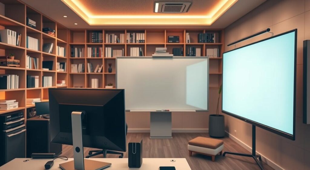 A modern, sleek office space with a variety of technology-focused equipment and tools. In the foreground, a high-resolution display showcases digital content, surrounded by an ergonomic workstation with a cutting-edge desktop computer and state-of-the-art peripherals. In the middle ground, a large interactive whiteboard stands, ready for collaborative brainstorming and presentations. The background features shelves filled with various technology resources, including books, manuals, and software packages. Warm, directional lighting creates a productive and focused atmosphere, while the minimalist design and clean lines convey a sense of professionalism and expertise in digital platforms and technological tools.