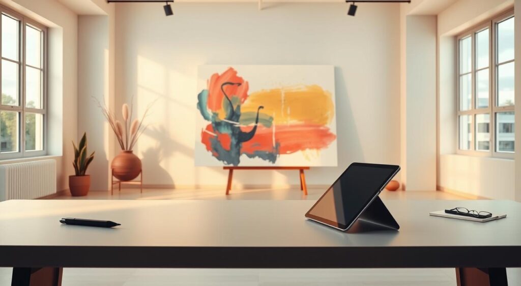 A serene and minimalist composition showcasing the essence of creativity and innovation in content production. In the foreground, a sleek, modern desk with a tablet and stylus, symbolizing the digital tools of the trade. The middle ground features a large, abstract canvas with vibrant, expressive brushstrokes, capturing the imaginative spark of content creation. The background is a tranquil, softly-lit studio space, evoking a sense of focus and contemplation. Warm, natural lighting filters through large windows, casting a gentle glow over the scene. The overall mood is one of balanced, thoughtful innovation - a space where ideas can flourish and content can be crafted with care.