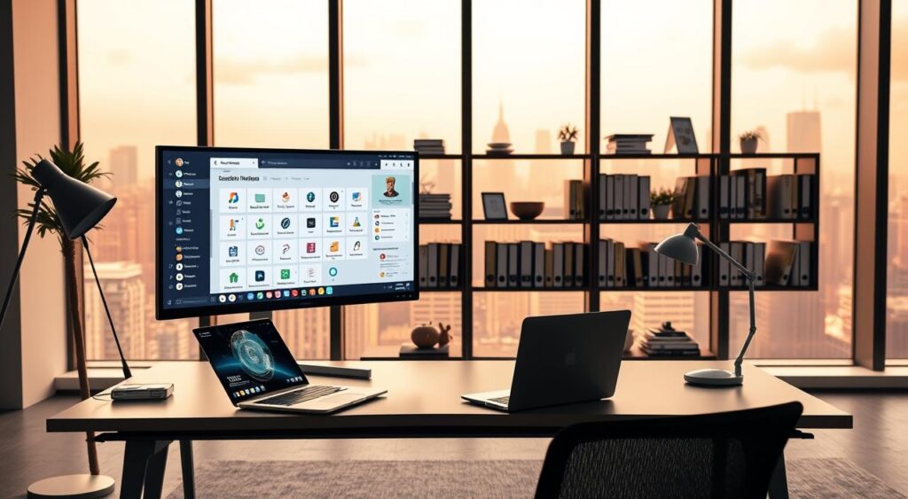 A sleek, minimalist office workspace with a large, curved monitor displaying various productivity apps and tools. In the foreground, a modern, ergonomic desk with a high-end laptop, wireless mouse, and a stylish desk lamp. The middle ground features a wall-mounted shelving unit with neatly organized books, folders, and other office supplies. The background showcases large windows overlooking a vibrant cityscape, bathing the room in warm, natural lighting. The overall mood is one of efficiency, organization, and technological sophistication, reflecting the tools and processes that optimize the co-production of online courses. A sleek, minimalist office workspace with a large, curved monitor displaying various productivity apps and tools. In the foreground, a modern, ergonomic desk with a high-end laptop, wireless mouse, and a stylish desk lamp. The middle ground features a wall-mounted shelving unit with neatly organized books, folders, and other office supplies. The background showcases large windows overlooking a vibrant cityscape, bathing the room in warm, natural lighting. The overall mood is one of efficiency, organization, and technological sophistication, reflecting the tools and processes that optimize the co-production of online courses.
