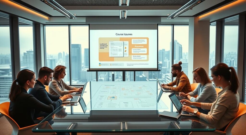 A sleek, modern digital classroom with a focus on collaborative course creation. In the foreground, a team of diverse individuals sitting around a glass conference table, intently discussing design ideas on their laptops and tablets. Soft, directional lighting from overhead casts a warm glow, creating a productive and creative atmosphere. In the middle ground, a large projection screen displays a digital blueprint, outlining the structure and features of the upcoming online course. The background features floor-to-ceiling windows, overlooking a bustling city skyline, conveying a sense of connectivity and innovation. The overall scene exudes a sense of professionalism, teamwork, and a shared commitment to developing high-quality digital learning experiences. A sleek, modern digital classroom with a focus on collaborative course creation. In the foreground, a team of diverse individuals sitting around a glass conference table, intently discussing design ideas on their laptops and tablets. Soft, directional lighting from overhead casts a warm glow, creating a productive and creative atmosphere. In the middle ground, a large projection screen displays a digital blueprint, outlining the structure and features of the upcoming online course. The background features floor-to-ceiling windows, overlooking a bustling city skyline, conveying a sense of connectivity and innovation. The overall scene exudes a sense of professionalism, teamwork, and a shared commitment to developing high-quality digital learning experiences.