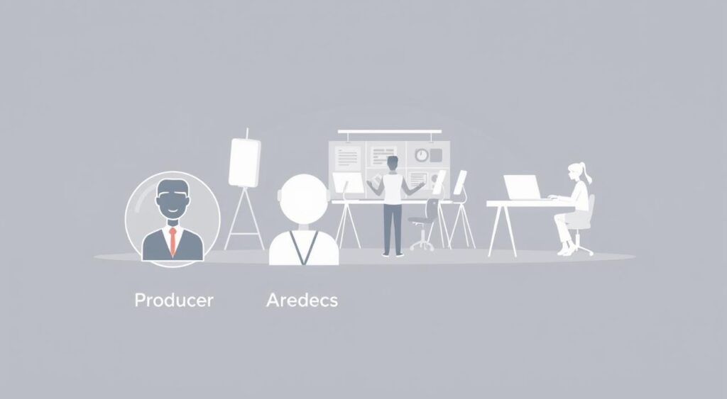 A sleek, modern illustration depicting the distinct roles and responsibilities of a Producer, a Co-Producer, and other key creative professionals involved in a production. The scene features a stylized, minimalist design with clean lines, geometric shapes, and a muted color palette, conveying a sense of professionalism and organization. In the foreground, three distinct icons or avatars represent the Producer, Co-Producer, and other roles, with clear visual cues to differentiate their functions. The middle ground showcases a collaborative workspace, with various tools and resources at hand. The background features a subdued, yet sophisticated backdrop, perhaps hinting at the high-level decision-making and strategic planning involved in the production process.