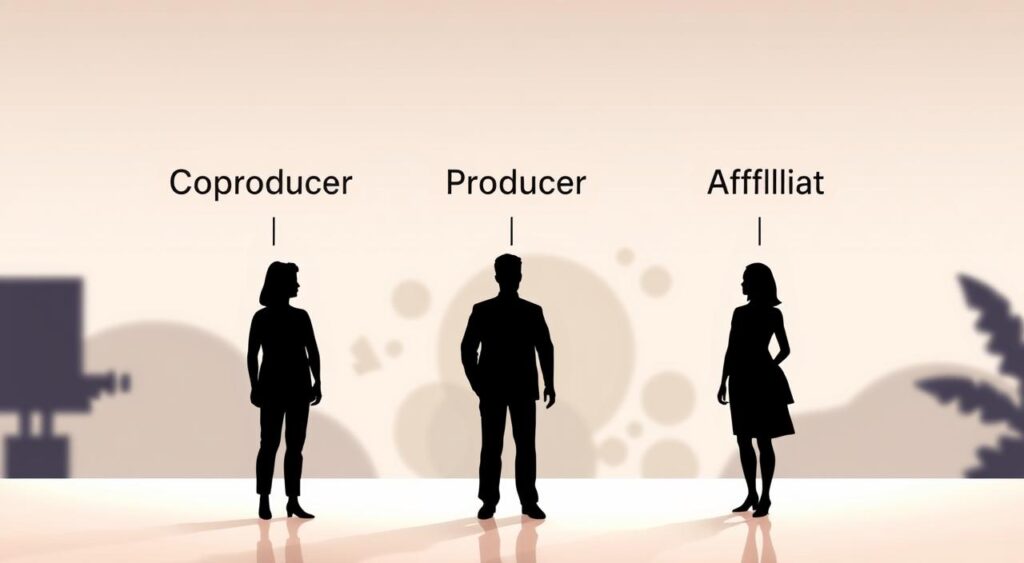 A sleek, modern illustration showcasing the distinct roles of a coproducer, producer, and affiliate. In the foreground, three minimalist silhouettes represent each position, connected by subtle lines. The middle ground features abstract shapes and geometric patterns, hinting at the collaborative nature of their work. The background is a softly blurred, neutral-toned palette, allowing the key elements to take center stage. Subtle lighting casts a warm, professional glow, emphasizing the refined, conceptual nature of the image. The overall composition conveys a sense of clarity, balance, and the nuanced relationships between these critical creative roles.