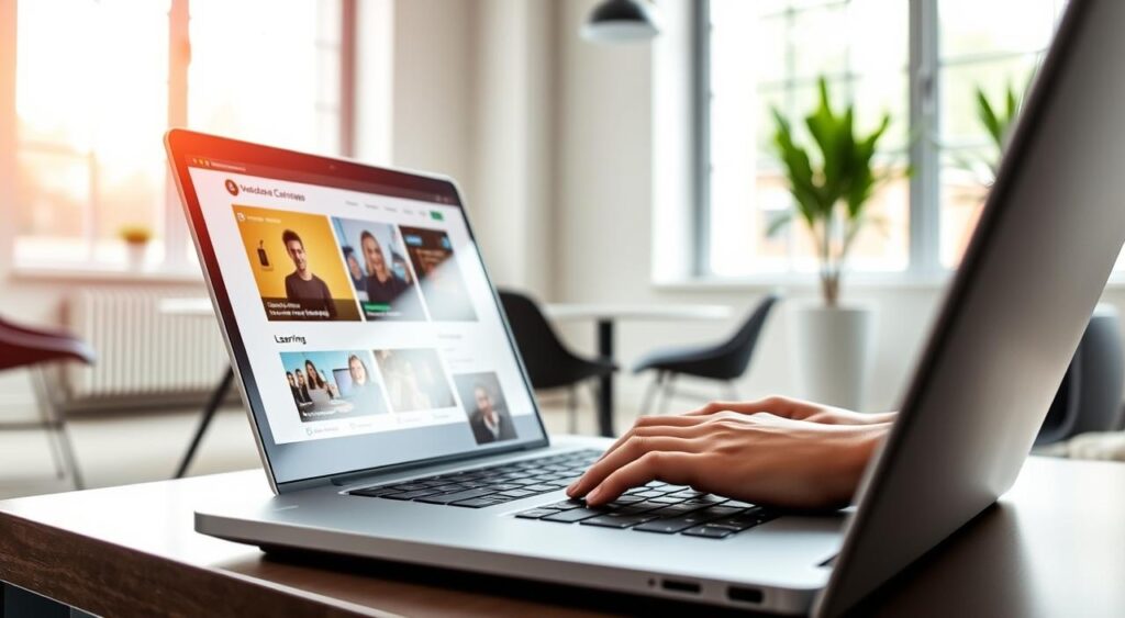 A sleek, modern laptop positioned in the foreground, its screen displaying a vibrant, visually-appealing online course interface. In the middle ground, a person's hands typing intently, immersed in learning. The background showcases a minimalist, well-lit office setting, with stylish decor and large windows allowing natural light to flood the space, creating an atmosphere of productivity and growth. The overall scene conveys a sense of focus, progress, and the potential for career advancement through upskilling in the digital realm. A sleek, modern laptop positioned in the foreground, its screen displaying a vibrant, visually-appealing online course interface. In the middle ground, a person's hands typing intently, immersed in learning. The background showcases a minimalist, well-lit office setting, with stylish decor and large windows allowing natural light to flood the space, creating an atmosphere of productivity and growth. The overall scene conveys a sense of focus, progress, and the potential for career advancement through upskilling in the digital realm.