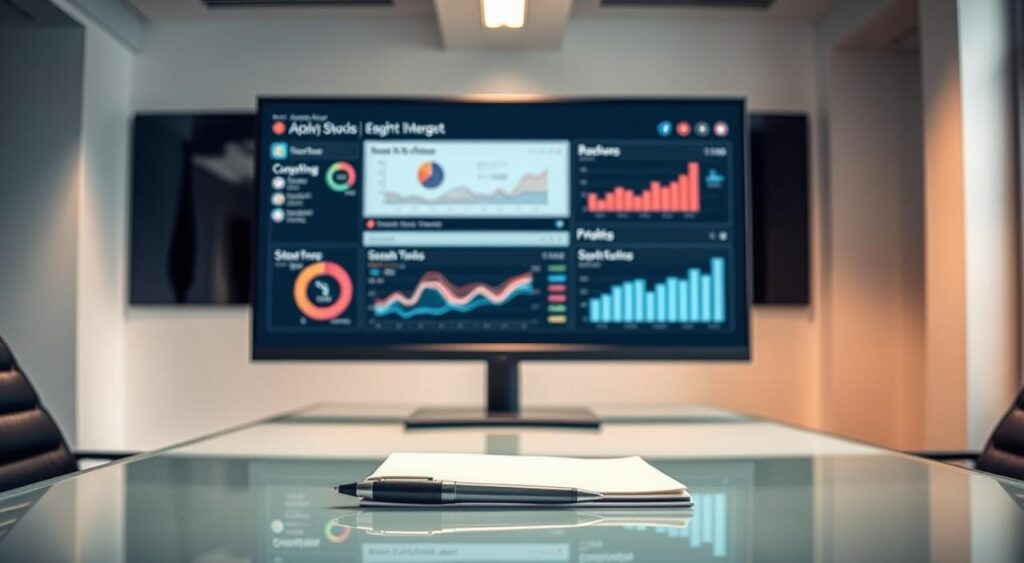 A sleek, modern office workspace with a large monitor displaying a dashboard of analytics and performance metrics. The screen shows colorful graphs, charts, and data visualizations, conveying a sense of data-driven insight and strategic decision-making. In the foreground, a pen and notebook rest on a minimalist, glass-topped desk, hinting at the process of analyzing and interpreting the displayed information. Soft, directional lighting from above casts a warm glow across the scene, creating a contemplative atmosphere. The background features clean, white walls and subtle architectural details, keeping the focus on the central elements of technology and data analysis.