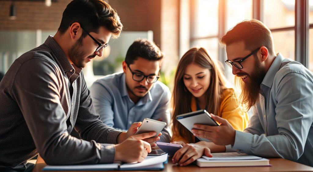 A team of diverse professionals, each with their unique expertise, gathered around a table, deeply engaged in discussion and collaboration. The scene is bathed in warm, natural lighting, casting a soft, focused glow on their faces as they pore over digital devices and reference materials. The background is blurred, emphasizing the intense concentration and teamwork at the forefront. The overall atmosphere conveys a sense of continuous learning, with an air of creativity and problem-solving permeating the space.