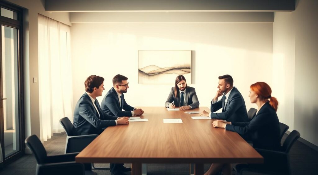 A tranquil, well-lit conference room with a large wooden table surrounded by stylishly dressed business partners engaged in a focused discussion. Soft natural light filters through the windows, casting a warm glow on the scene. The partners' body language suggests an atmosphere of cooperation and mutual understanding as they review documents and exchange ideas. In the background, a minimalist abstract artwork hangs on the wall, complementing the sophisticated, professional ambiance. The overall impression conveys a sense of a thoughtful, strategic partnership poised for a successful, long-term collaboration.