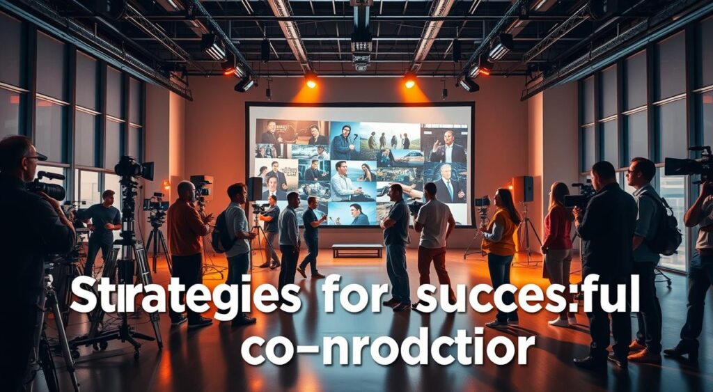 A vibrant, cinematic scene depicting "Strategies for successful co-production". In the foreground, two diverse film crews collaborate, sharing ideas and equipment against a backdrop of sophisticated camera gear and lighting rigs. In the middle ground, a large projection screen displays a montage of iconic film scenes, symbolizing the creative synthesis of different perspectives. The background features a sleek, modern film studio with high ceilings, polished floors, and floor-to-ceiling windows flooding the space with warm, directional lighting. An atmosphere of focused, productive energy pervades the scene, reflecting the synergy and resourcefulness required for a triumphant co-production.