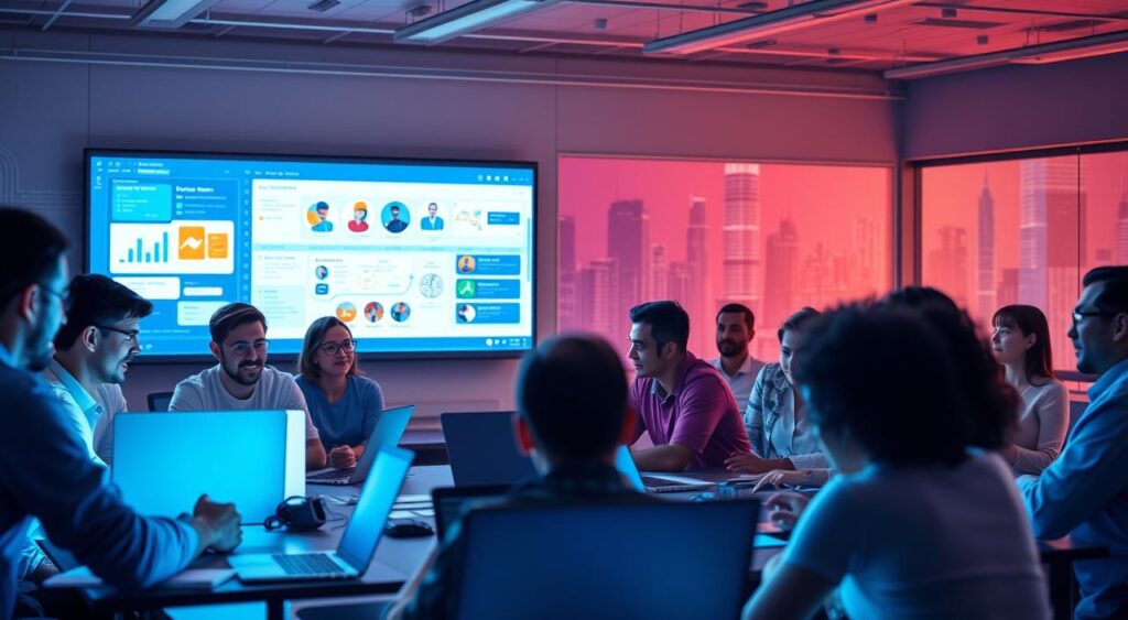 A vibrant, digital classroom scene showcasing the collaborative nature of online course production. In the foreground, a diverse group of instructors, designers, and developers engage in a lively discussion, their faces illuminated by the soft glow of laptop screens. In the middle ground, a shared digital workspace displays visuals, schematics, and project timelines, reflecting the cooperative effort required to create engaging online educational content. The background features a stylized, futuristic cityscape, hinting at the global reach and impact of these collaborative digital course initiatives. The overall scene conveys a sense of innovation, productivity, and the seamless integration of technology in modern education. A vibrant, digital classroom scene showcasing the collaborative nature of online course production. In the foreground, a diverse group of instructors, designers, and developers engage in a lively discussion, their faces illuminated by the soft glow of laptop screens. In the middle ground, a shared digital workspace displays visuals, schematics, and project timelines, reflecting the cooperative effort required to create engaging online educational content. The background features a stylized, futuristic cityscape, hinting at the global reach and impact of these collaborative digital course initiatives. The overall scene conveys a sense of innovation, productivity, and the seamless integration of technology in modern education.