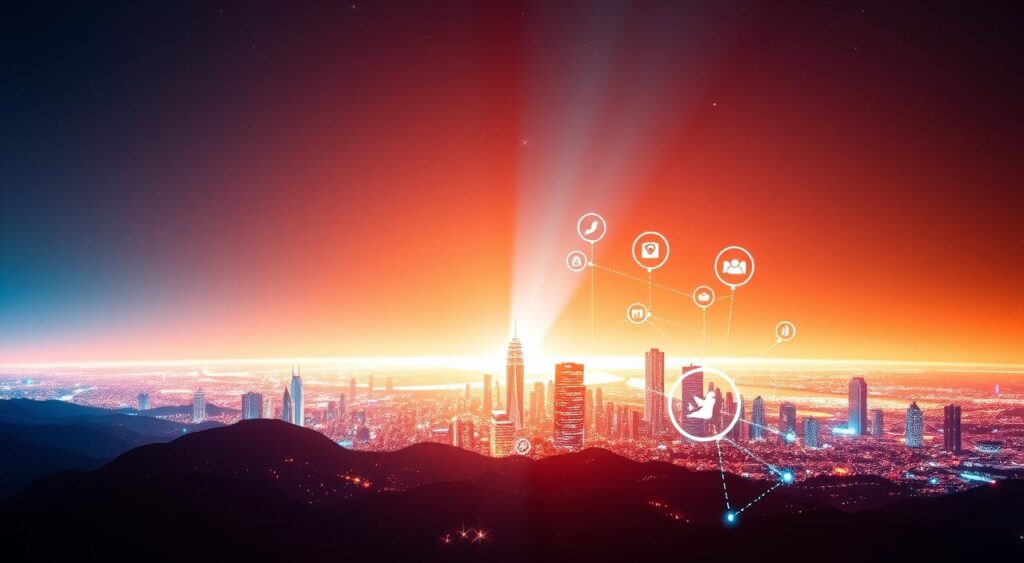 A vibrant digital landscape, bathed in a soft, warm glow. In the foreground, a stylized icon representing the sharing and distribution of content, rendered in a sleek, minimalist design. In the middle ground, a series of dynamic social media platforms and digital marketing channels, depicted as interconnected circles pulsing with energy. The background is a panoramic vista of the modern digital world, with towering skyscrapers of data and a horizon filled with a kaleidoscope of electronic signals. The overall atmosphere conveys a sense of connectivity, collaboration, and the seamless flow of information in the digital age.