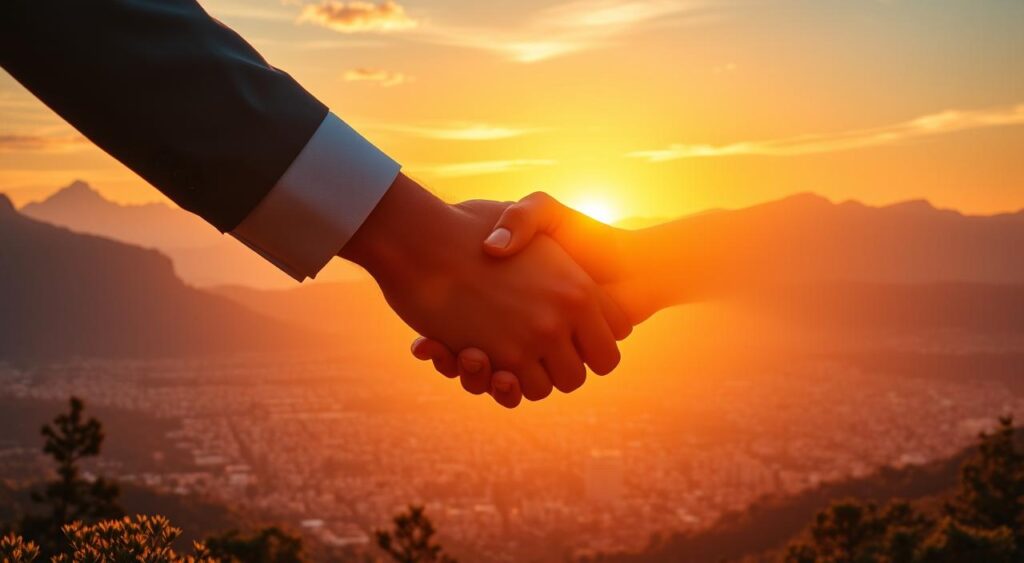 A vibrant landscape showcasing the benefits of strategic partnerships. In the foreground, a handshake symbolizes the collaboration between two entities, their figures silhouetted against a warm, golden sunset. In the middle ground, a bustling cityscape represents the growth and development facilitated by the partnership. The background features towering mountains, their peaks touched by the last rays of the day, conveying a sense of stability and longevity. The scene is bathed in a soft, diffused lighting, creating a harmonious and inspiring atmosphere. Subtle lens flare and a slightly cinematic composition lend an air of professionalism and aspirational quality to the image.