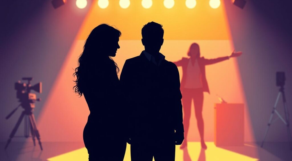 A vibrant, visually striking illustration showcasing the distinct roles of a coproducer, producer, and affiliate in the context of media production and marketing. In the foreground, a coproducer collaborates with a producer, their silhouettes intertwined, symbolizing their symbiotic relationship. In the middle ground, the producer oversees the creative process, directing a team of creatives. In the background, an affiliate promotes the project, their arms outstretched, connecting the audience to the production. The scene is bathed in a warm, cinematic light, conveying a sense of professionalism and dynamism. The composition is balanced, with a clean, minimalist aesthetic that draws the viewer's attention to the core concepts.