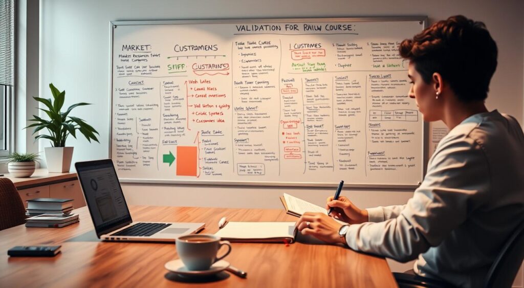 A well-lit office space, with a large desk showcasing a laptop, notebook, and a cup of coffee. In the foreground, a person intently studying market research and customer feedback, carefully validating the idea for a new online course. The background features a large whiteboard filled with brainstormed concepts, color-coded notes, and potential course outlines. Soft, warm lighting creates a contemplative atmosphere, emphasizing the importance of thorough validation before investing time and resources. The scene conveys a sense of focus, analysis, and strategic planning, reflecting the need to carefully consider all aspects of the course idea before moving forward. A well-lit office space, with a large desk showcasing a laptop, notebook, and a cup of coffee. In the foreground, a person intently studying market research and customer feedback, carefully validating the idea for a new online course. The background features a large whiteboard filled with brainstormed concepts, color-coded notes, and potential course outlines. Soft, warm lighting creates a contemplative atmosphere, emphasizing the importance of thorough validation before investing time and resources. The scene conveys a sense of focus, analysis, and strategic planning, reflecting the need to carefully consider all aspects of the course idea before moving forward.