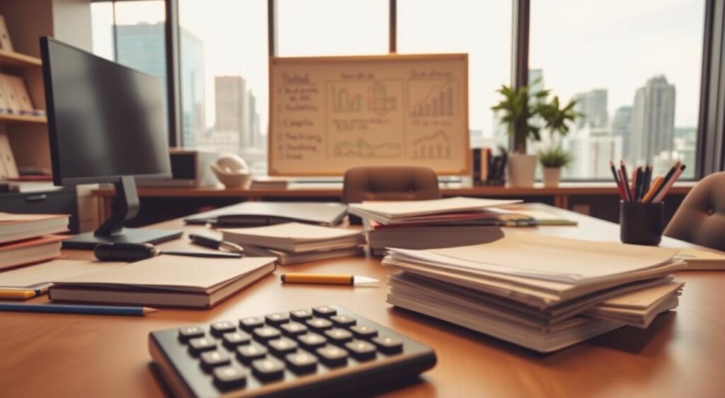 A well-organized office space with a desk, computer, and various office supplies. In the foreground, a calculator and a stack of financial documents symbolize the process of calculating costs and profits. The middle ground features a whiteboard or corkboard with handwritten notes and diagrams, representing the strategies for controlling expenses. The background showcases a large window overlooking a cityscape, providing a sense of professionalism and the broader business context. The lighting is warm and focused, creating a productive and contemplative atmosphere. The camera angle is slightly elevated, giving a slightly bird's-eye view of the scene, emphasizing the organizational and analytical nature of the task at hand. A well-organized office space with a desk, computer, and various office supplies. In the foreground, a calculator and a stack of financial documents symbolize the process of calculating costs and profits. The middle ground features a whiteboard or corkboard with handwritten notes and diagrams, representing the strategies for controlling expenses. The background showcases a large window overlooking a cityscape, providing a sense of professionalism and the broader business context. The lighting is warm and focused, creating a productive and contemplative atmosphere. The camera angle is slightly elevated, giving a slightly bird's-eye view of the scene, emphasizing the organizational and analytical nature of the task at hand.